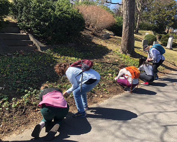 Kramer Lab members looking at flowers